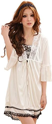 JXS Women's White Silk Skirt Robe Set Black Lace Babydoll Nightwear 2035