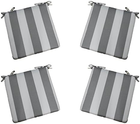 Set of 4 - Indoor / Outdoor Gray / Grey and White Stripe 17" X 17" Square Universal 3" Thick Foam Seat Cushions with Ties for Dining Patio Chairs