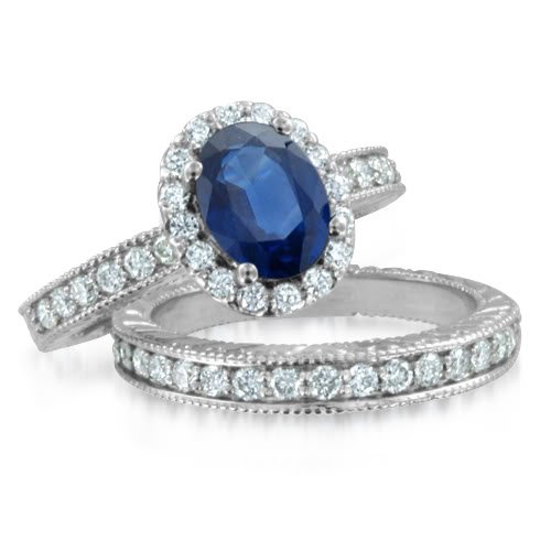 Vintage Inspired Natural Sapphire Diamond Engagement Wedding Ring Bridal Set Platinum Halo Ring (G, SI1, 2.41 cttw), 8x6mm, Certificate of Authenticity