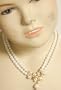 Two Strand Simulated Ivory Pearl with Gold and Crystals Necklace Pendant and Earrings for Women and Teens
