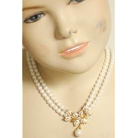 Two Strand Ivory Pearl with Gold and Crystals Necklace Pendant and Earrings for Women and Teens