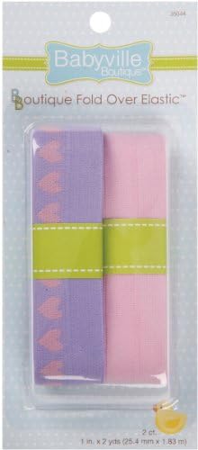 Babyville Boutique 35044 Fold Over Elastic, Lavender with Hearts & Solid Pink