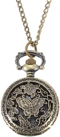Bronze Butterfly Engrave Quartz Pocket Watch Pendant Chain Necklace.