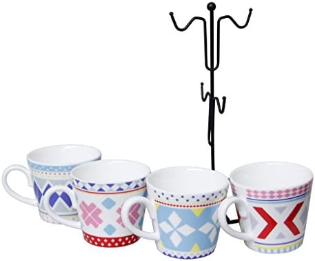 Pretty Housekeeper Bright Geometry Pattern Coffee Tea Ceramic Cup with Metal Mug Tree Rack,5 Oz