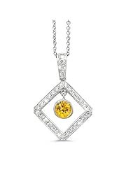 Diagonal Square And Circle Diamond Pendant In 18K White Gold With A 0.70 ct. Genuine Yellow Sapphire Center Stone.