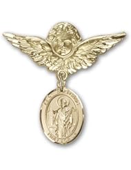 14K Gold Baby Badge with St. Wolfgang Charm and Angel with Wings Badge Pin