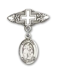 Sterling Silver Baby Badge with St. Ann Charm and Badge Pin with Cross