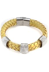 Woven Mustard Leather Bracelet with Three White Pave Crystal Rings. Latch Secure Closure.