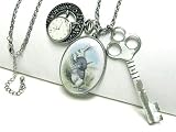Unique Alice in Wonderland Inspired White Rabbit, Key and Clock/Watch Look Charm Necklace Antique Silver Tone ~ X-Long 30" Chain