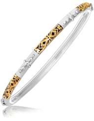 18K Yellow Gold and Sterling Silver Slim Bangle with Alternate Bead and Filigree Motifs