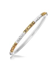 18K Yellow Gold and Sterling Silver Slim Bangle with Bead and Filigree Motifs
