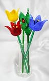 New Hand Blown Glass Tulip Flowers in Glass Vase with 2 Leaves and Ladybug