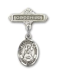 Sterling Silver Baby Badge with St. Frances of Rome Charm and Godchild Badge Pin