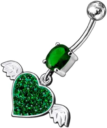 Dark Green Gems Stone Fancy Multi Crystal Flying Heart 925 Sterling Silver Dangling Belly jewelry with 14Gx3/8(1.6x10MM) 316L Surgical Steel Banana and 5MM Ball.