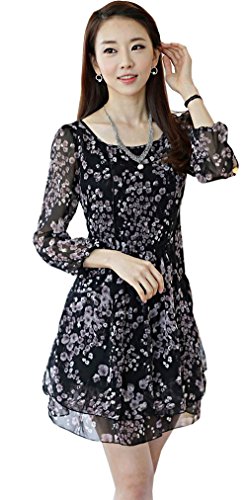 ドレス ワンピース 花柄 スウィート シフォンドレス Aライン デート ２次会 カジュアル キュート エレガンス レディース 秋物 冬物 可愛いスカーフ付き R533