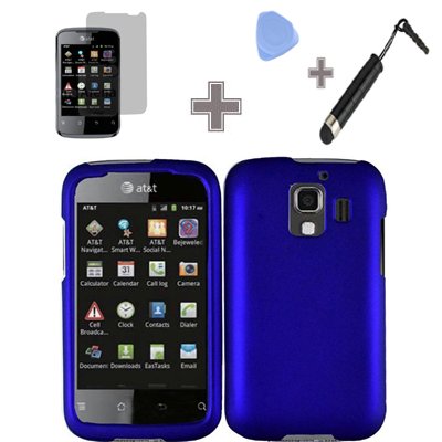 Rubberized Solid Blue Color Snap on Hard Case Skin Cover Faceplate with Screen Protector, Case Opener and Stylus Pen for Huawei Fusion 2 U8665 - AT&T
