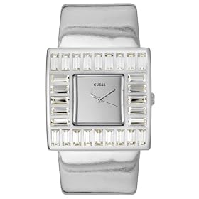 GUESS? Women's Crystal Accented Silver Patent Leather Watch #W11524L1