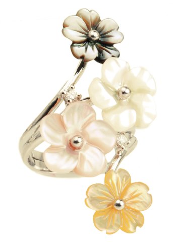Pink, Black, White, Yellow Mother of Pearl 4 Flower Ring