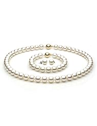 14k Gold 8-8.5mm White Akoya Saltwater Cultured Pearl Set AA+ Quality, Set Includes Necklace, Bracelet, & Earrings