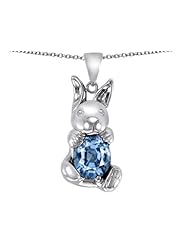 Original Star K (tm) Love Bunny Pendant with Simulated Aquamarine Oval 10x8mm in .925 Sterling Silver