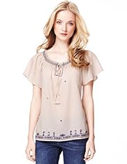 Indigo Collection Pure Cotton Embroidered Floral Gypsy Top