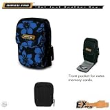 Ex-Pro Pac Designer Digital Camera Case, Water Proof Material, Designer Print for Smaller Camera's. Includes belt strap and shoulder strap. Royal, Blue & Black.
