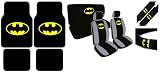 15pc Batman Combo with Front and Rear Carpeted Floor Mats, Front Low Back Seat Covers with Head Rest Covers, Bench Rear Cover, Steering Wheel Cover and a Set of Shoulder Pads
