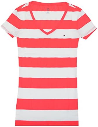 Tommy Hilfiger Women Wide Stripes Logo V-Neck T-Shirt (XXL, Electric Crimson/White)
