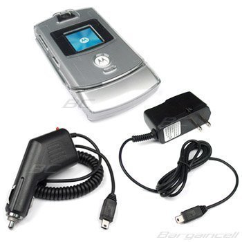 Bargaincell- 3 Pieces Value Combo of Motorola Razr Razor V3, V3c, V3m, V3t, V3e Auto Car Charger Adapter+ Home/Travel/Wall Battery Charger+ Crystal Clear Hard Shell Case