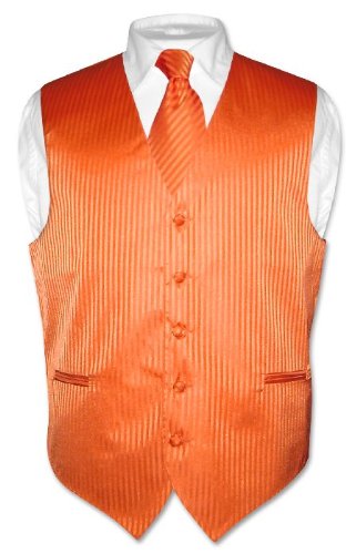Men's Dress Vest & NeckTie Orange Striped Vertical Stripes Design Set for Suit or Tuxedo
