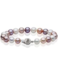 Moon Wings 9-9.5 mm Mixed Colors Freshwater Round Pearl 7.5-inch Bracelet w/ Sterling Silver Floral Clasper