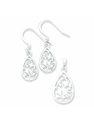 Sterling Silver Polished Filigree Teardrop Earring & Pendant Set