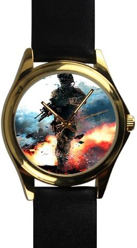 Special Design Military US Army Soldier Holding a Machine Gun Unisex Silver-tone Round Metal Watch, Metal watch with black leather watchband