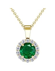 14K Yellow Gold Round Cut Emerald And Round Diamond Pendant