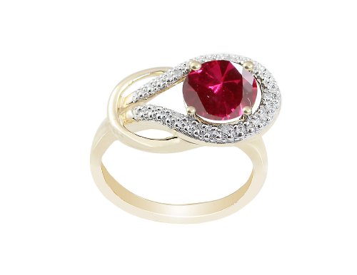 10k Yellow Gold Round Created Ruby and Diamond Ring (.03 cttw, I Color, I2 Clarity), Size 7