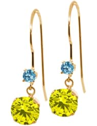 1.26 Ct Round Canary Diamond Swiss Blue Topaz 14K Yellow Gold Earrings