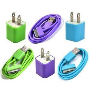 Case Star ® 3pcs (Green, Purple, Aqua Blue) USB Wall Charger + 3pcs 3Ft USB Charge and Sync Data Cable for Apple iPhone 3G 3GS 4 4S iPod nano iPod touch + Case Star Cellphone Bag