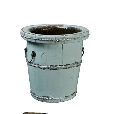 Asian Antique Chinese-Inspired Wooden Bucket in Distressed Aqua