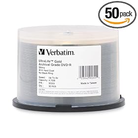 Verbatim 95355 4.7 GB 8X UltraLife Gold Archival Grade DVD-R, 50-Disc Spindle