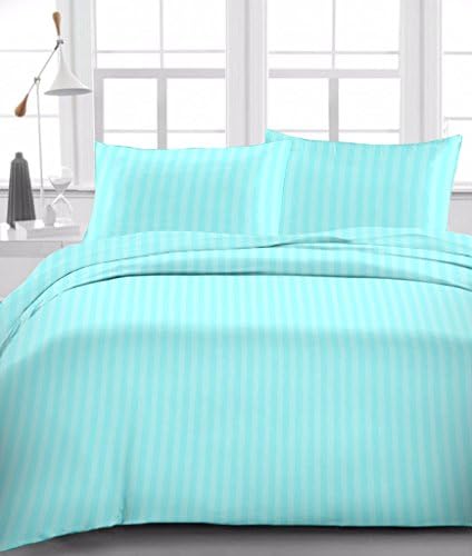Linen Place Egyptian Cotton 400-Thread-Count Sateen Finish 4 PCs RV King Pocket Depth (+22 Inch) Aqua Blue Stripe