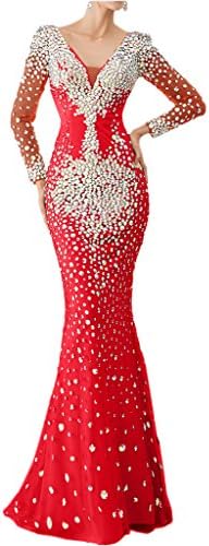 Vienna Bride Gorgeous Rhinestones Long Sleeves Evening Dress for Women Formal-14-Red