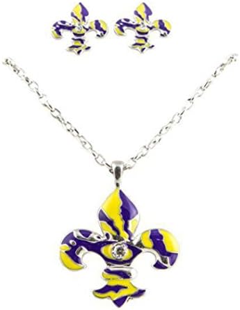 Silver Plated Mardi Gras Yellow and Purple Enamel Austrian Crystal Fleur de Lis Pendant Necklace Earrings