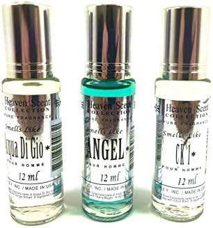 Heaven Scent Oil Perfume for Men; IMPRESSION of Famous Designers in a Glass Roller Bottles 12ml, each (3 Piece Bundle Set; GIO_ANGEL_CK-I TYPE OILS)