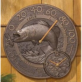14 Aluminum BASS Fish Wall THERMOMETER CLOCK by WHITEHALL PRODUCTS Antique Copper Finish by Whitehall