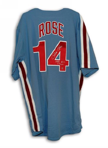 Autographed Pete Rose Philadelphia Phillies Blue Majestic Jersey Inscribed 80 WS Champs