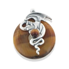 Sterling Silver Dragon on Tiger Eye Donut Amulet Slide Pendant by 