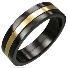 Gents Black Stainless Steel Gold Band Ring, 6mm Wide - Size U