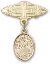 14K Gold Baby Badge with St. Maria Faustina Charm and Badge Pin with Cross