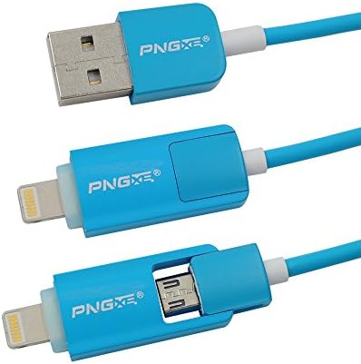PNGXE High-speed 2 in 1 Led 8 Pin &amp; Micro Usb Sync Data Charging Cable Cord Connector for Iphone 6 6 Plus 5 / 5s / 5c / 6 / 6 Plus, Ipad Air, Ipod 5, Samsung, HTC, Motorola, Nokia, LG, Huawei (Blue)