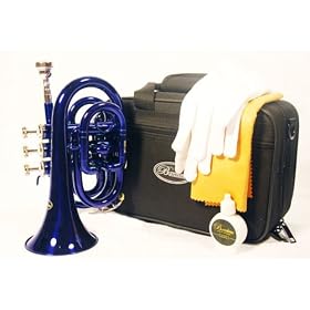 Barcelona Bb Pocket Trumpet with Case, Polishing Cloth, Gloves, and Valve Oil - Blue